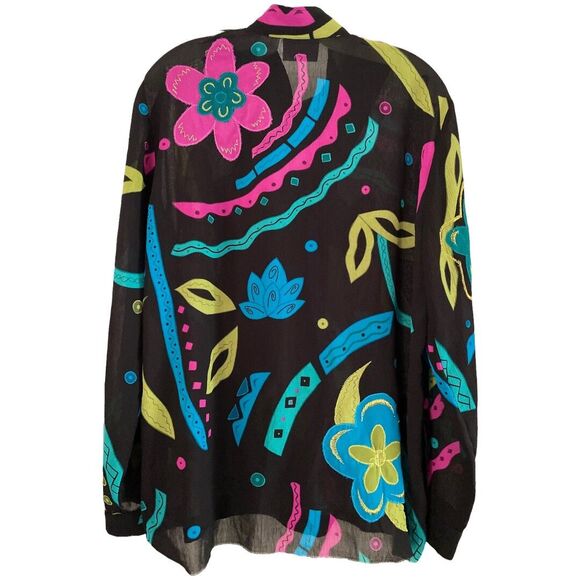 VINTAGE Lightweight Floral Print Full Zip Jacket Black Pink Blue sz 10 - Picture 2 of 5